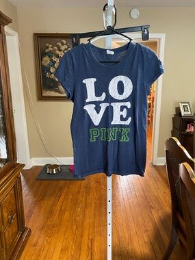 PINK Victoria's Secret Navy Tee with White LOVE and Green PINK Logo